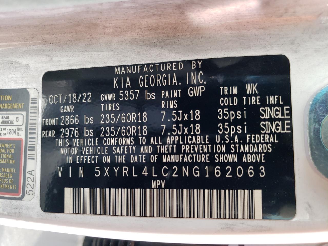 2022 KIA SORENTO S VIN:5XYRL4LC2NG162063