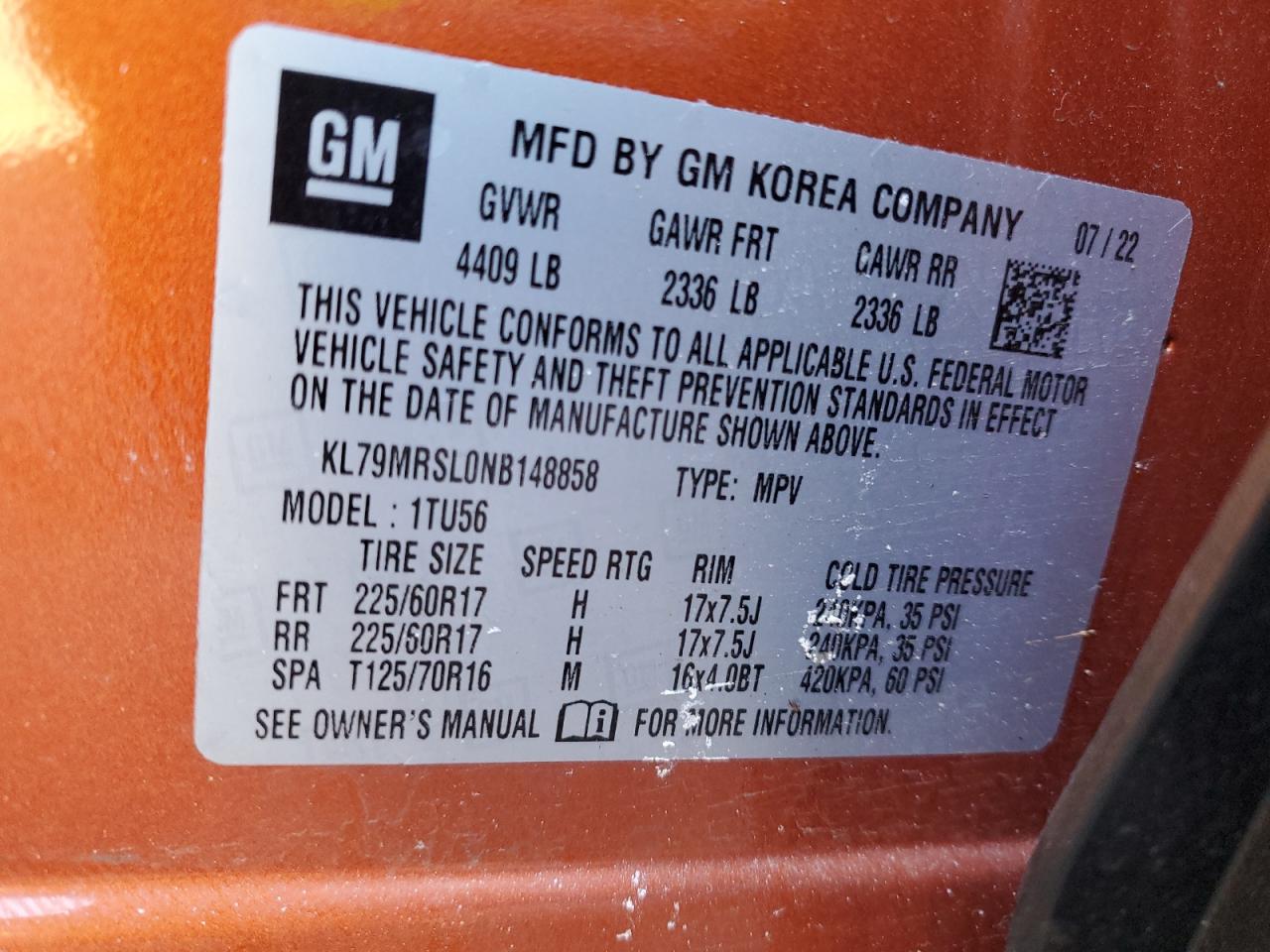 2022 CHEVROLET TRAILBLAZER LT VIN:KL79MRSL0NB148858