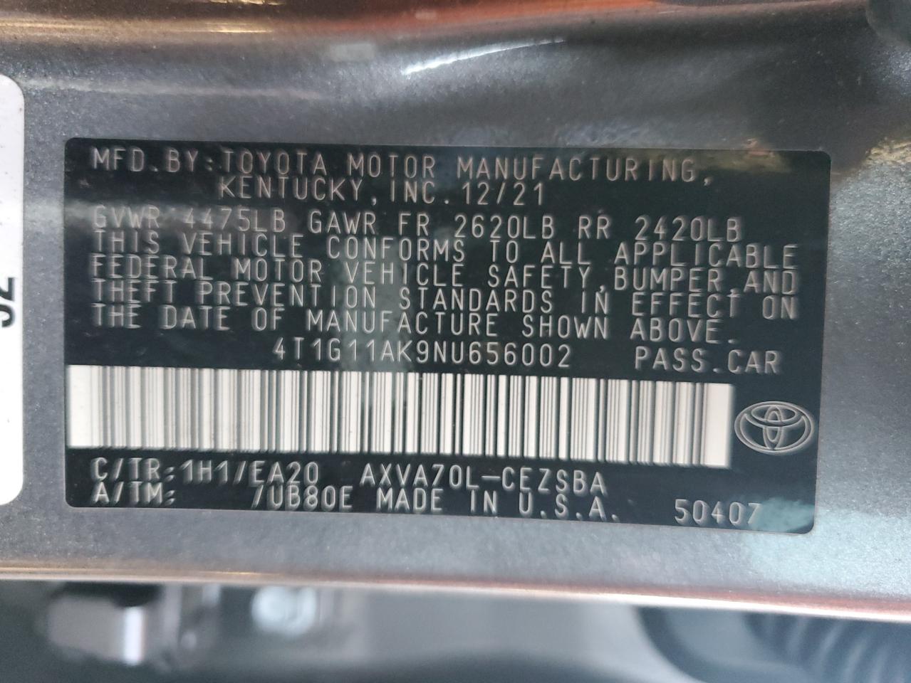 2022 TOYOTA CAMRY SE VIN:KL79MNSL9SB027914