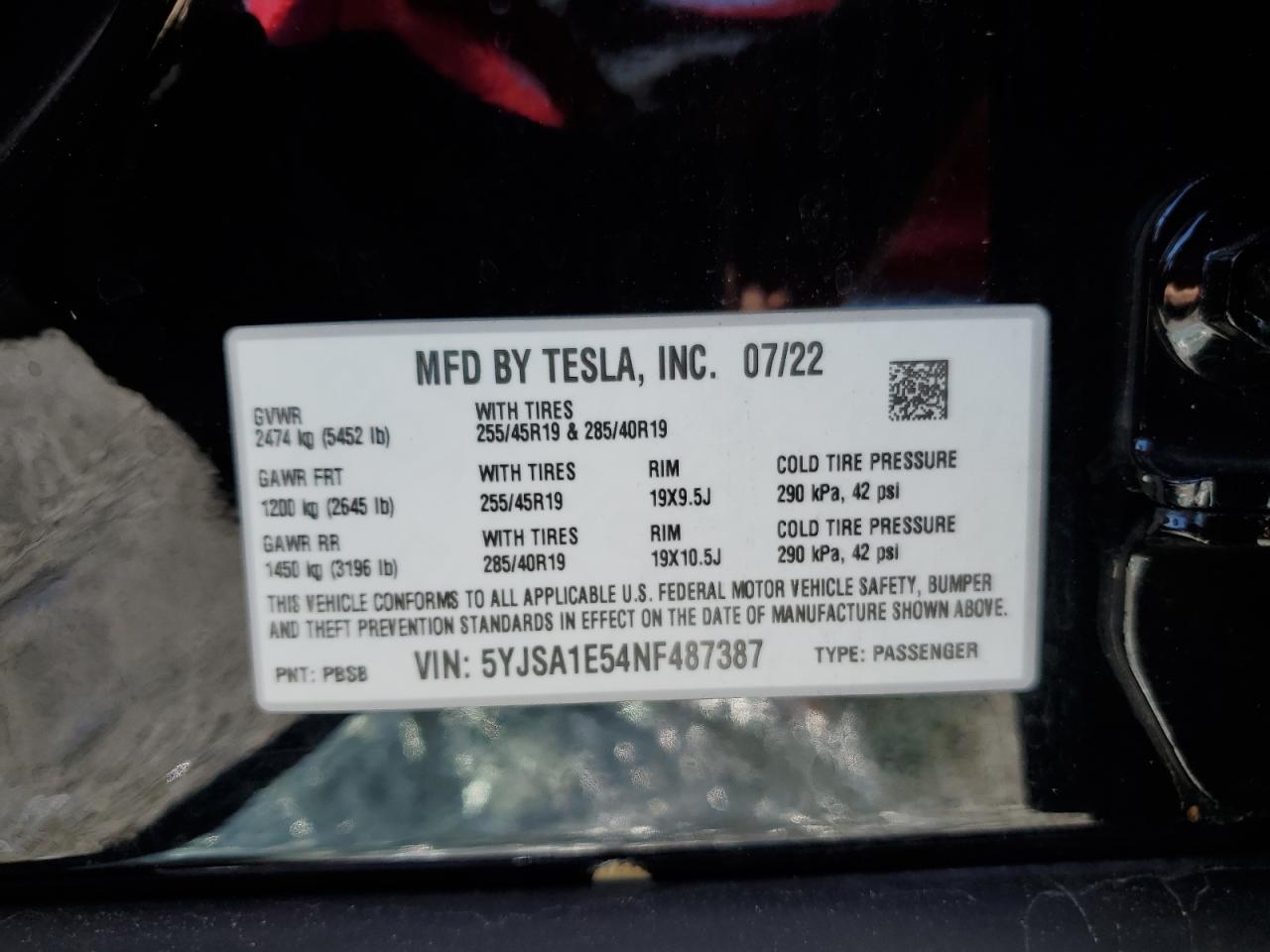 2022 TESLA MODEL S  VIN:5YJSA1E54NF487387