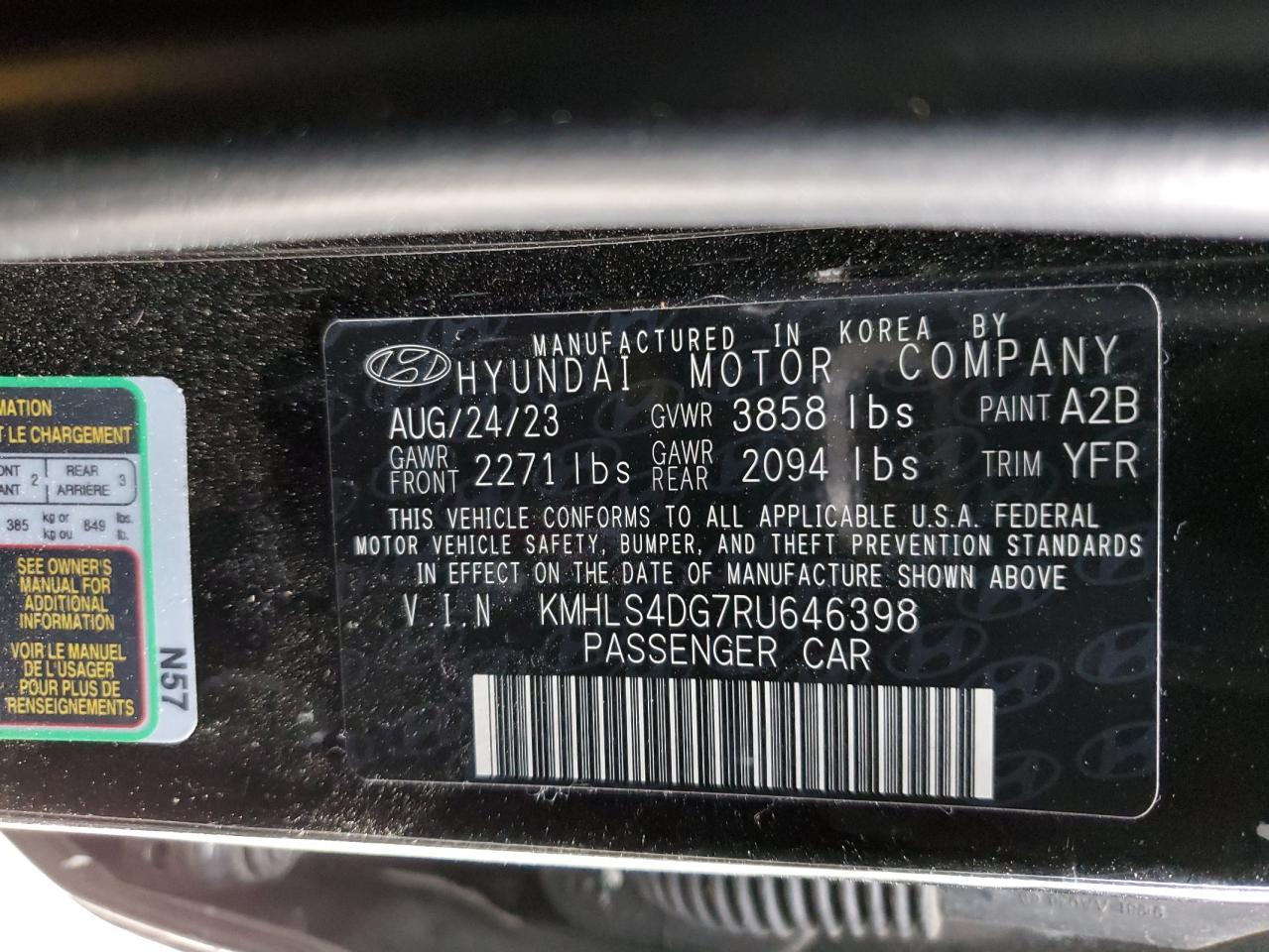 2024 HYUNDAI ELANTRA SEL VIN:KMHLS4DG7RU646398