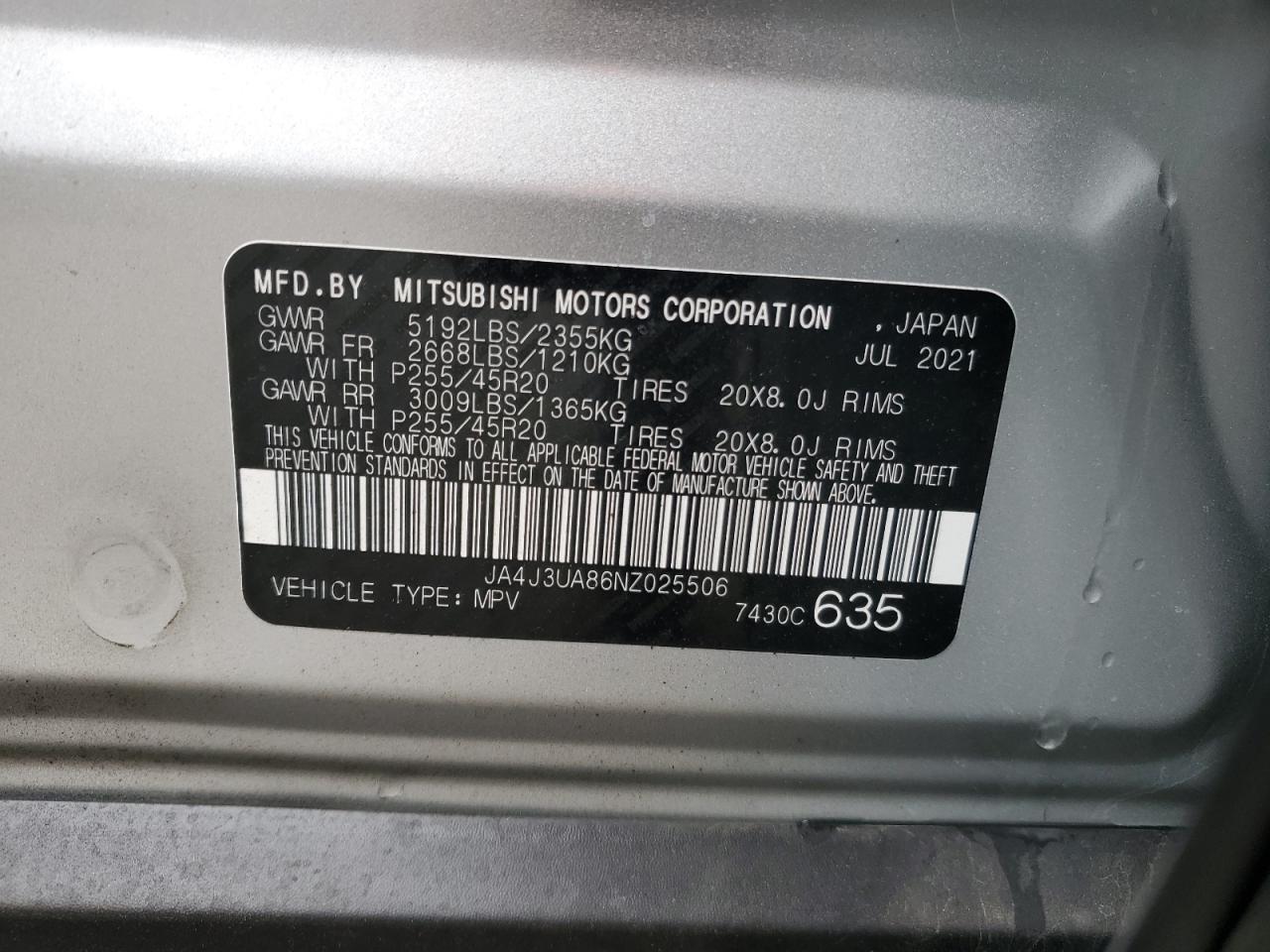 2022 MITSUBISHI OUTLANDER SE VIN:JA4J3UA86NZ025506