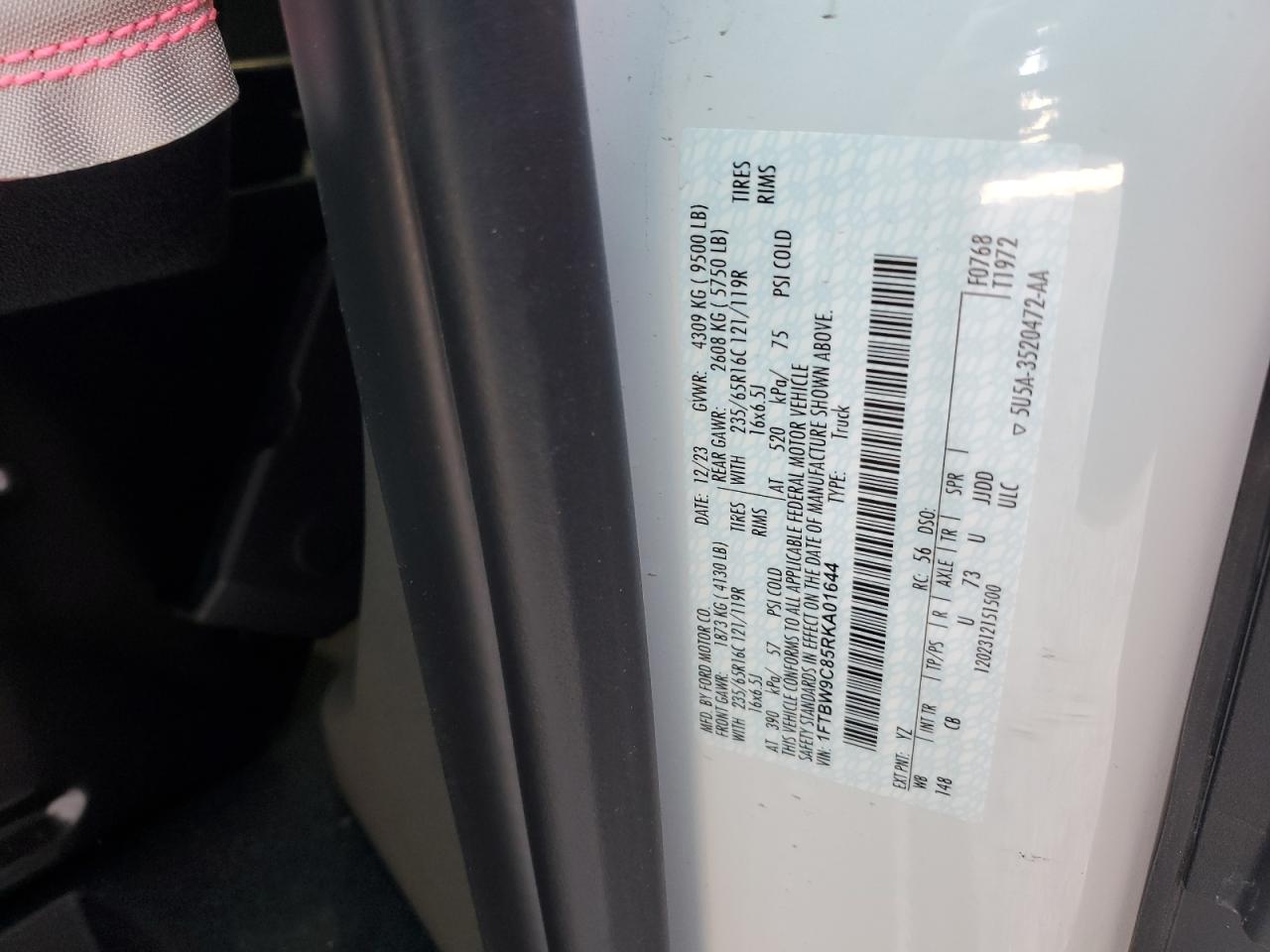 2024 FORD TRANSIT T-350 VIN:1FTBW9C85RKA01644