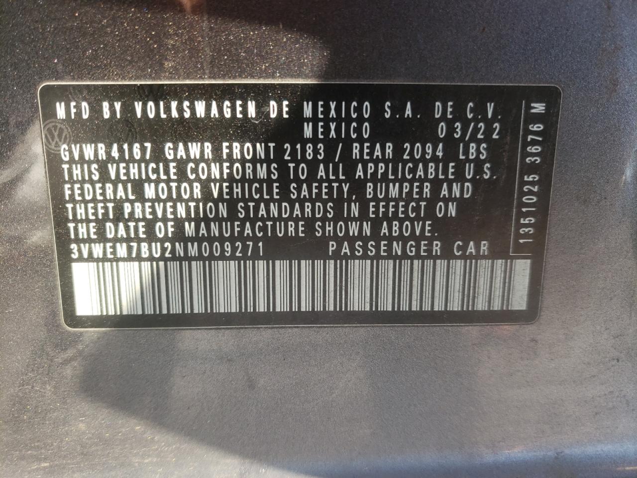 2022 VOLKSWAGEN JETTA SE VIN:3VWEM7BU2NM009271