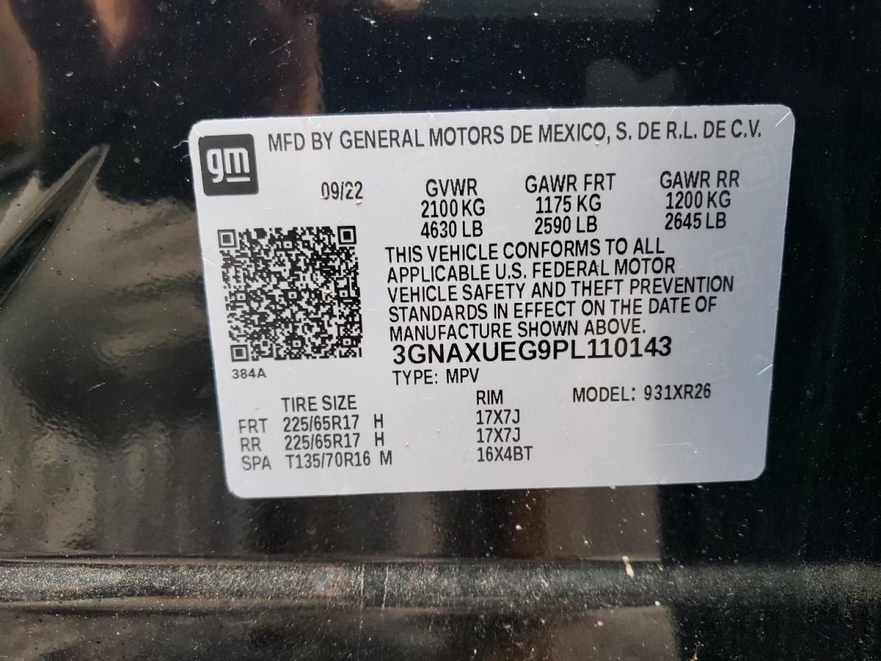 2023 CHEVROLET EQUINOX LT VIN:3GNAXUEG9PL110143