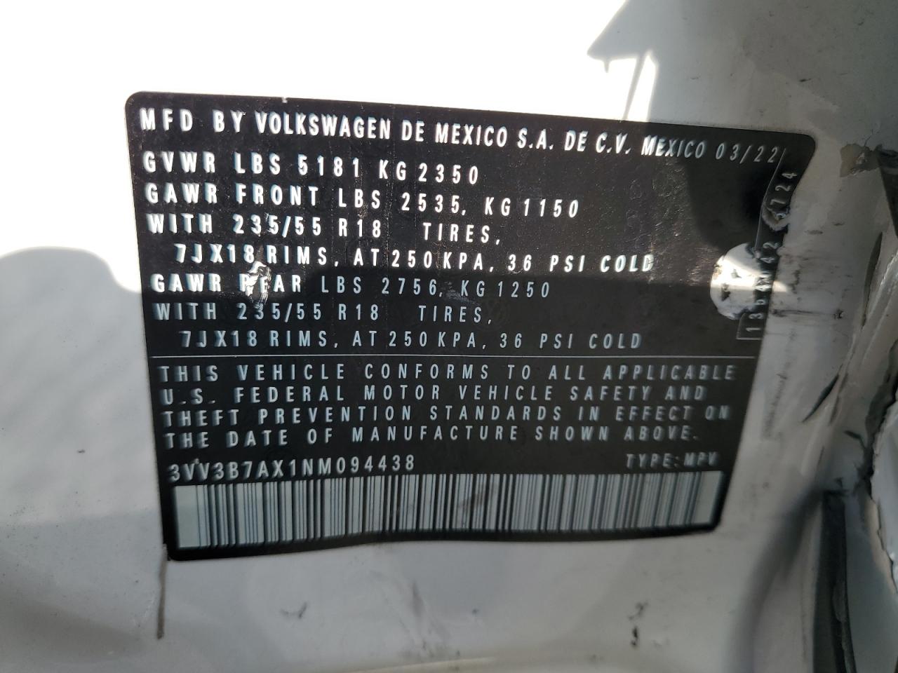 2022 VOLKSWAGEN TIGUAN SE VIN:3VV3B7AX1NM094438