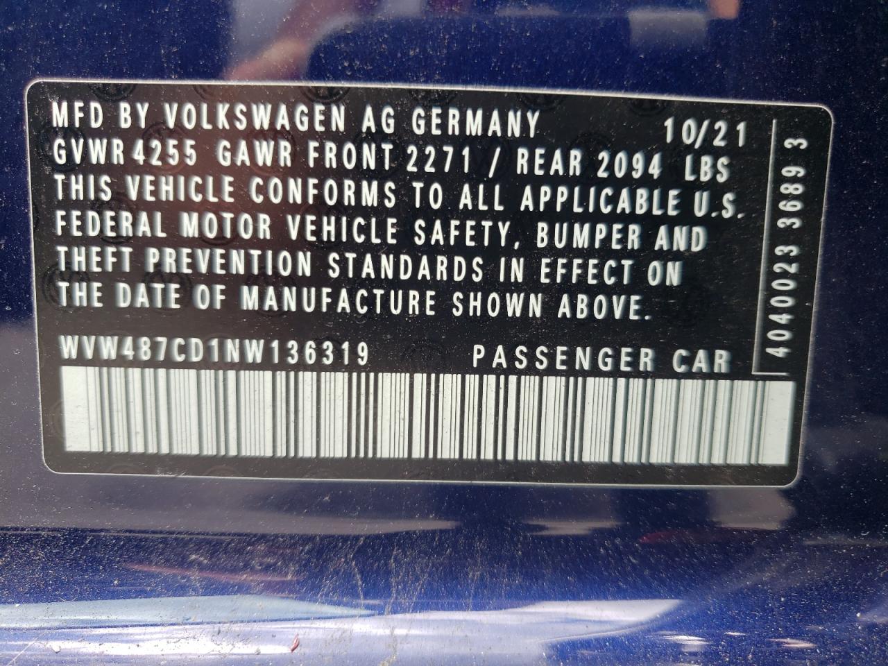 2022 VOLKSWAGEN GTI SE VIN:WVW487CD1NW136319