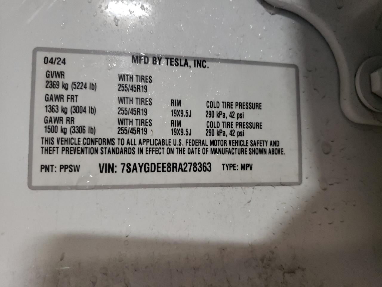 2024 TESLA MODEL Y  VIN:7SAYGDEE8RA278363