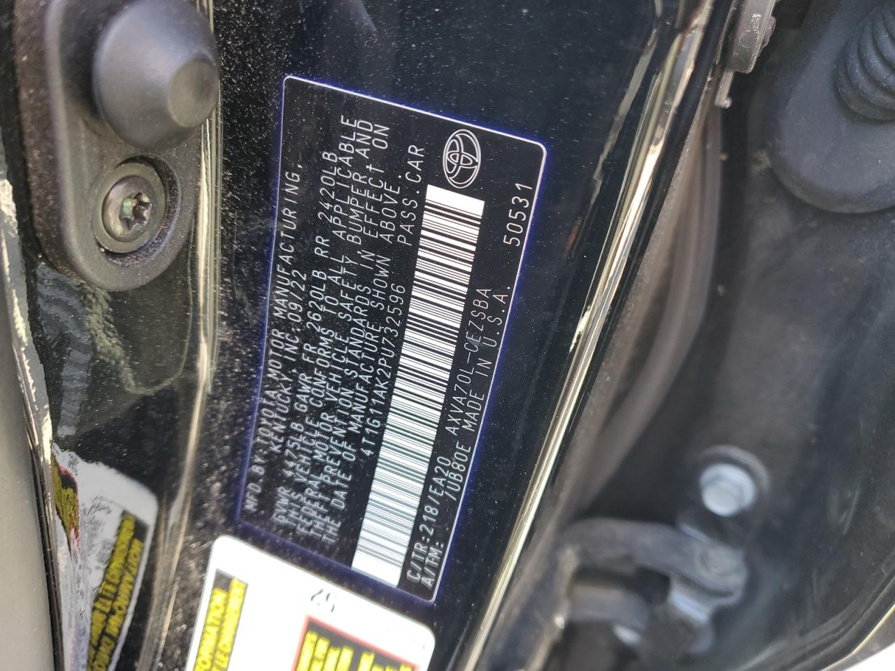 2023 TOYOTA CAMRY SE NIGHT SHADE VIN:4T1G11AK2PU732596