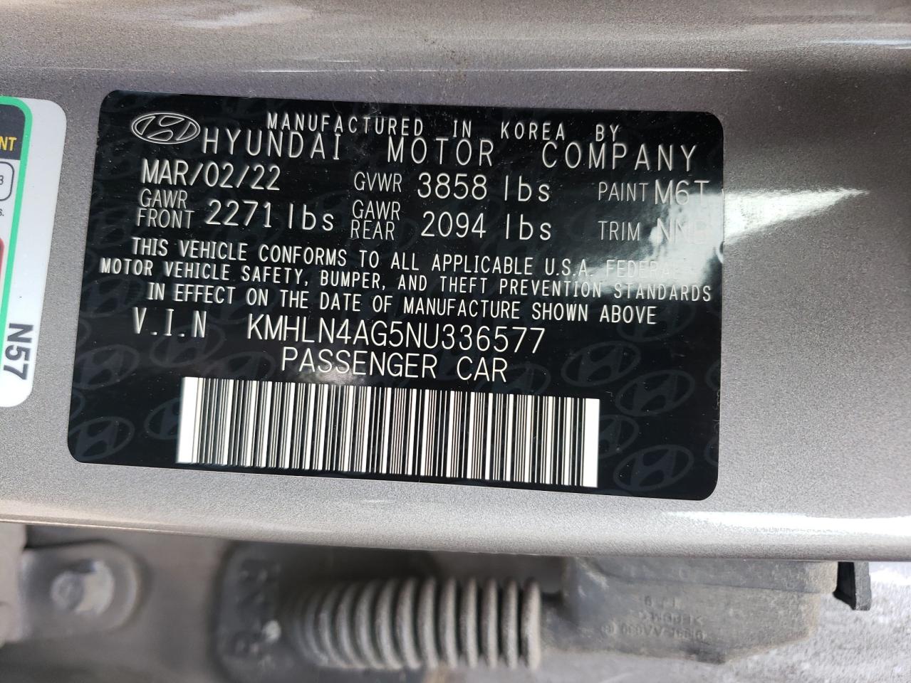 2022 HYUNDAI ELANTRA SEL VIN:KMHLN4AG5NU336577