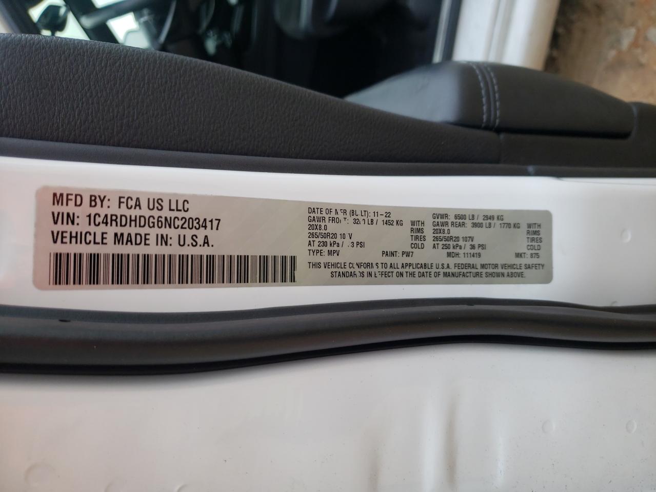 2022 DODGE DURANGO GT VIN:1C4RDHDG6NC203417