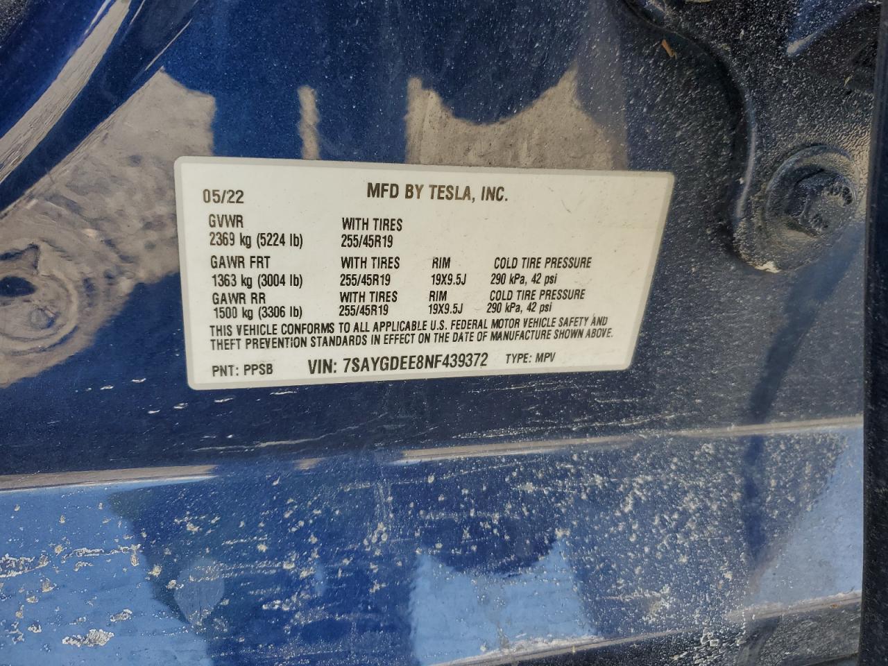 2022 TESLA MODEL Y  VIN:7SAYGDEE8NF439372
