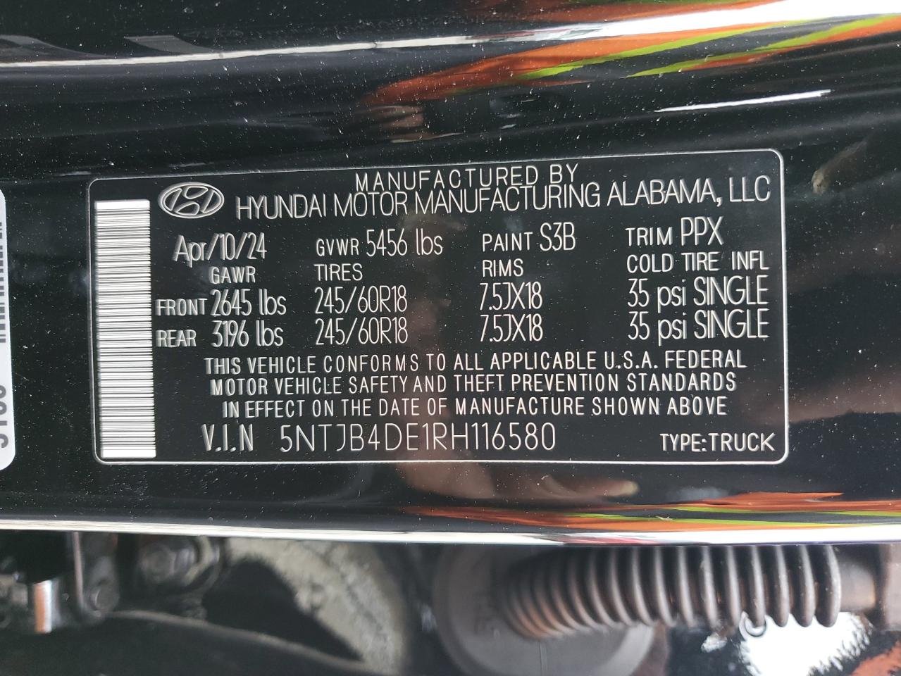 2024 HYUNDAI SANTA CRUZ SEL VIN:5NTJB4DE1RH116580