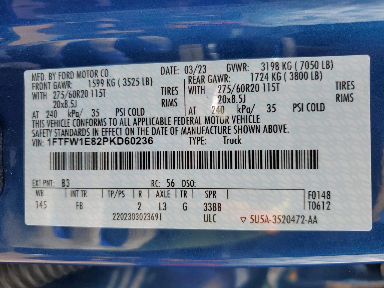 2023 FORD F150 SUPERCREW VIN:1FTFW1E82PKD60236