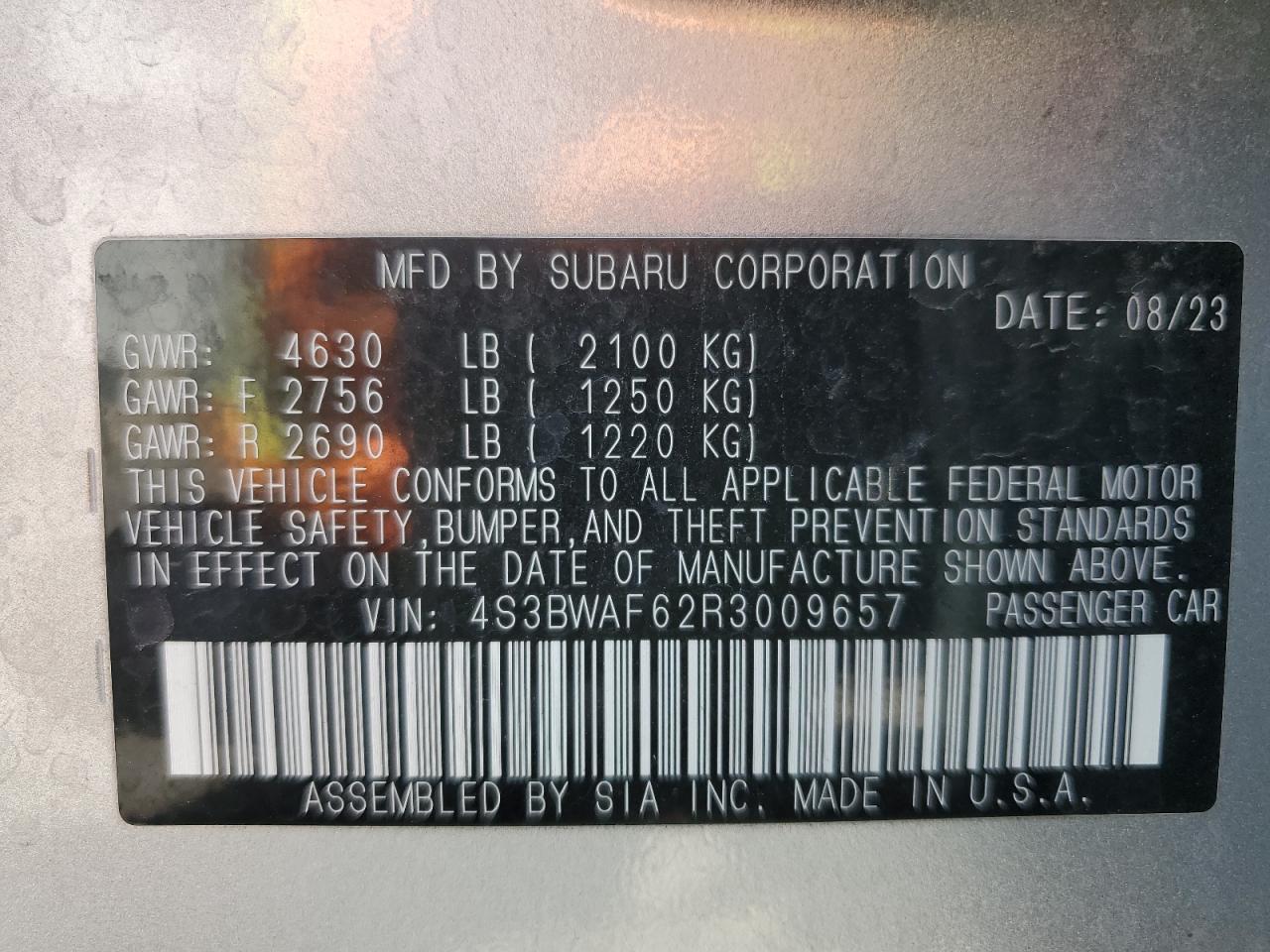 2024 SUBARU LEGACY PREMIUM VIN:4S3BWAF62R3009657