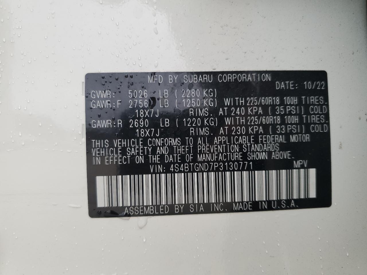 2023 SUBARU OUTBACK LIMITED XT VIN:4S4BTGND7P3130771