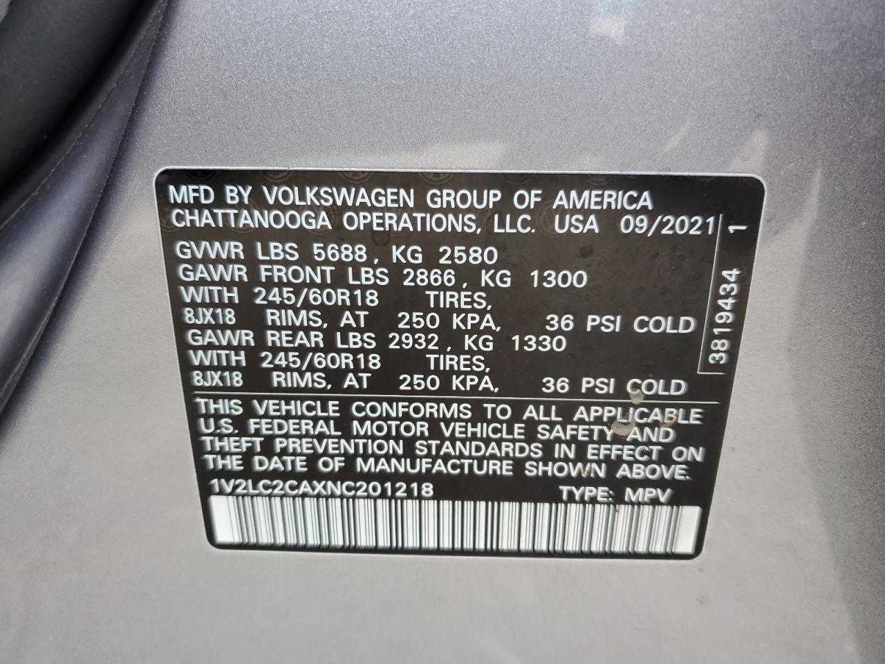 2022 VOLKSWAGEN ATLAS CROSS SPORT SE VIN:1V2LC2CAXNC201218