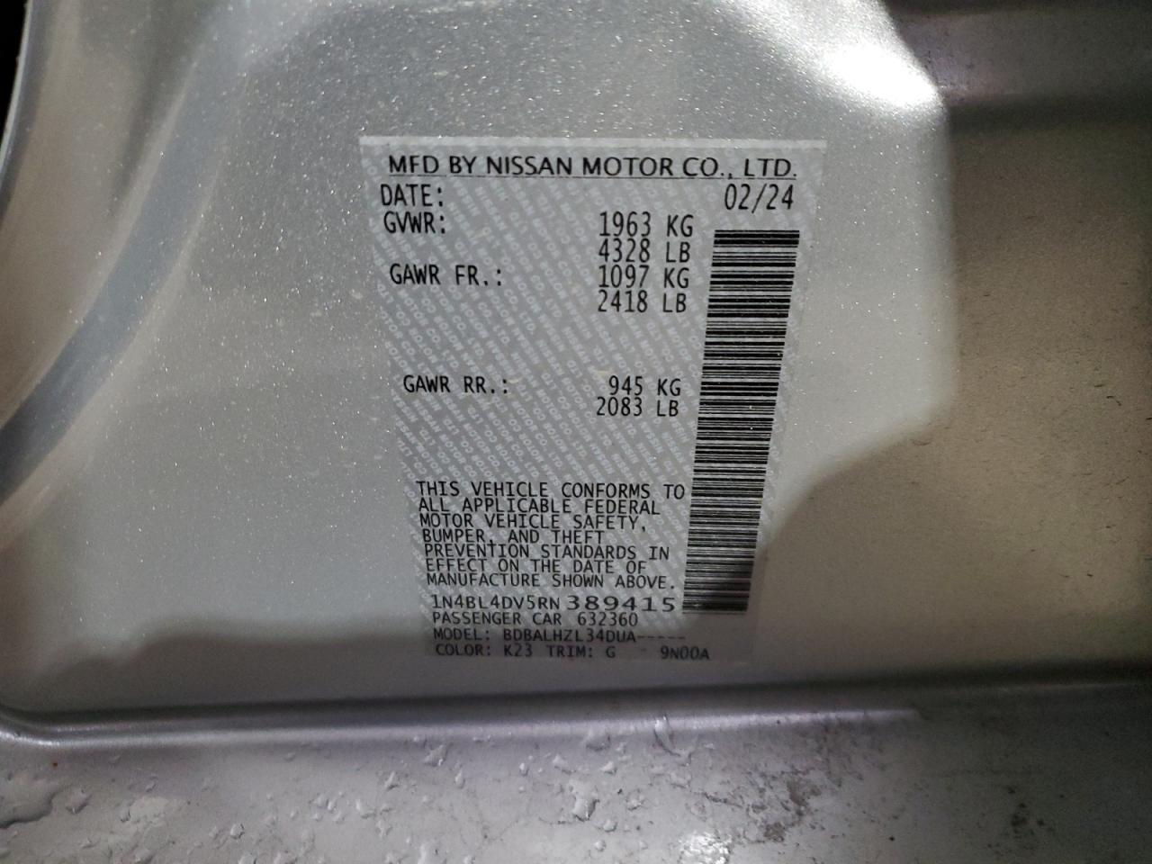 2024 NISSAN ALTIMA SV VIN:1N4BL4DV5RN389415