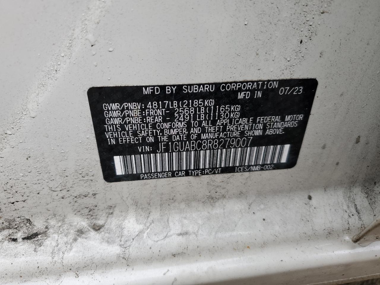 2024 SUBARU IMPREZA  VIN:JF1GUABC8R8279007