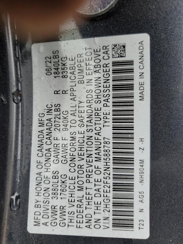 2022 HONDA CIVIC SPORT VIN:2HGFE2F52NH588787