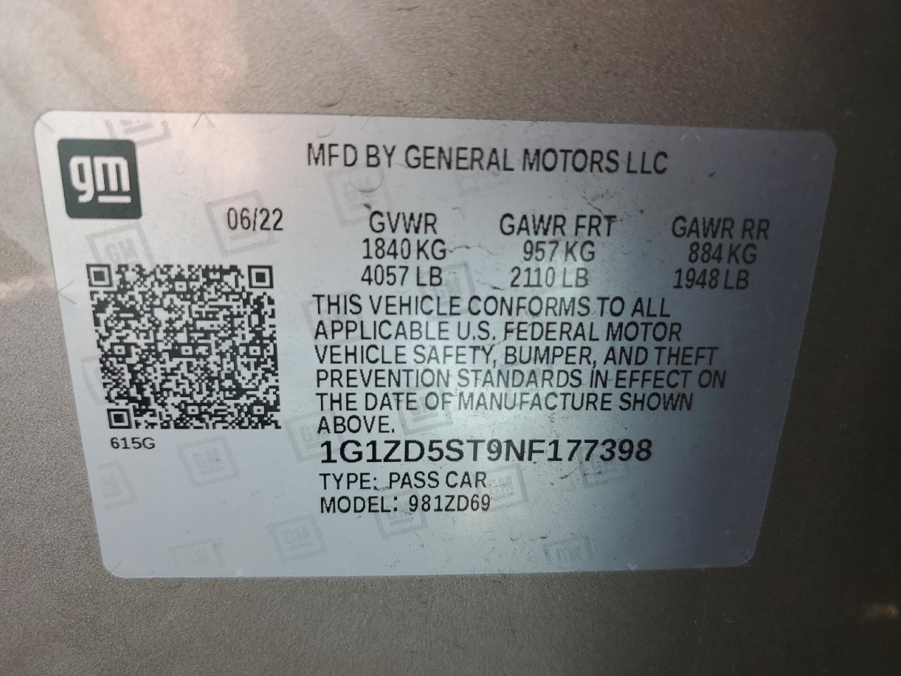 2022 CHEVROLET MALIBU LT VIN:1G1ZD5ST9NF177398