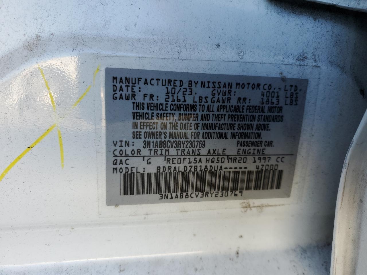 2024 NISSAN SENTRA SV VIN:3N1AB8CV3RY230769