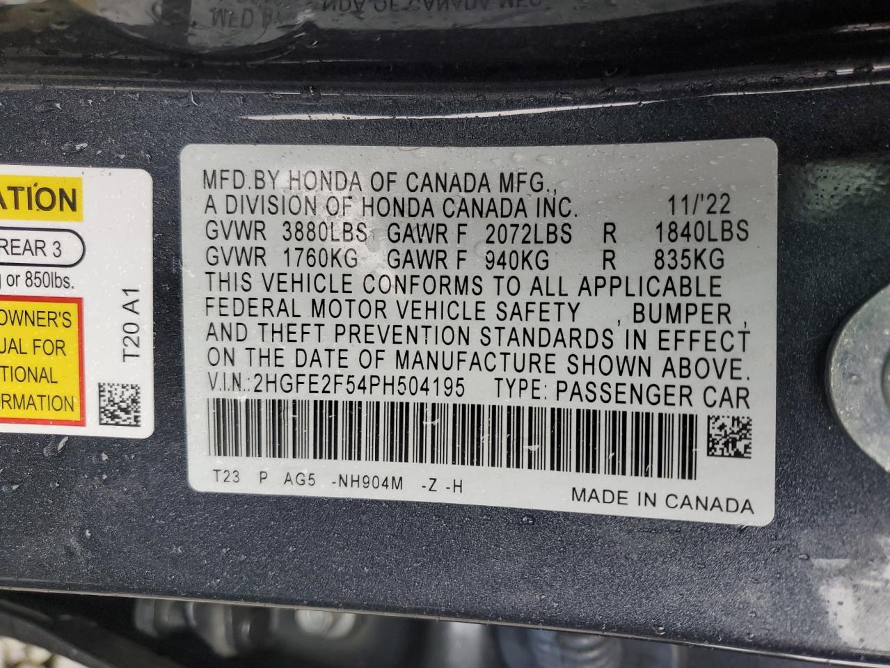 2023 HONDA CIVIC SPORT VIN:2HGFE2F54PH504195