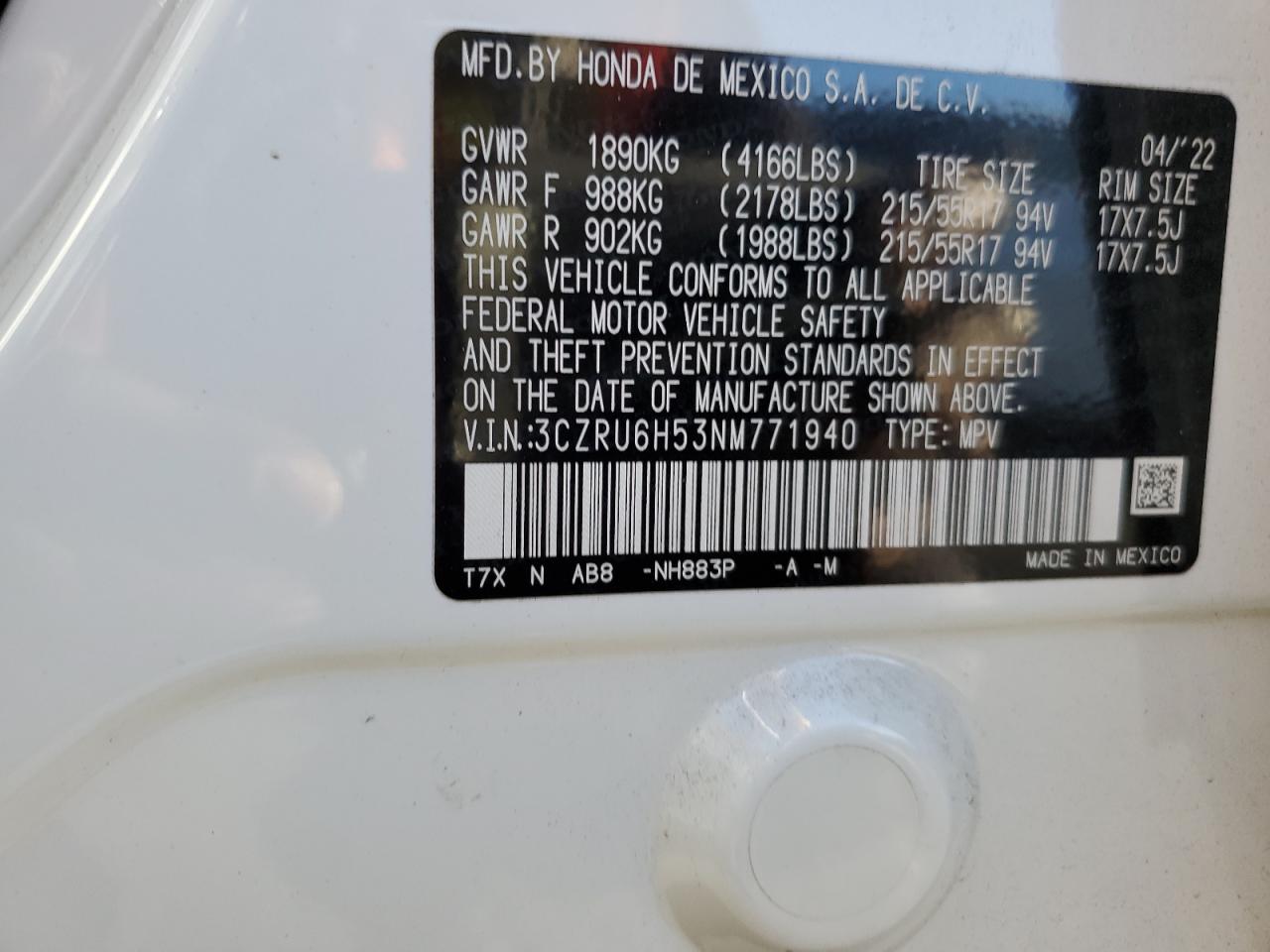2022 HONDA HR-V EX VIN:3CZRU6H53NM771940