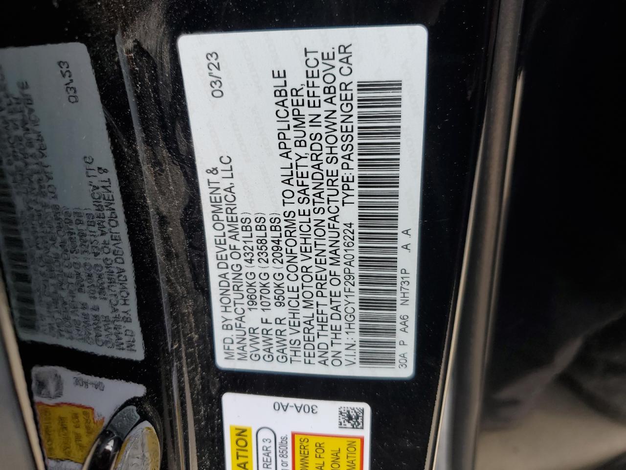 2023 HONDA ACCORD LX VIN:1HGCY1F29PA016224