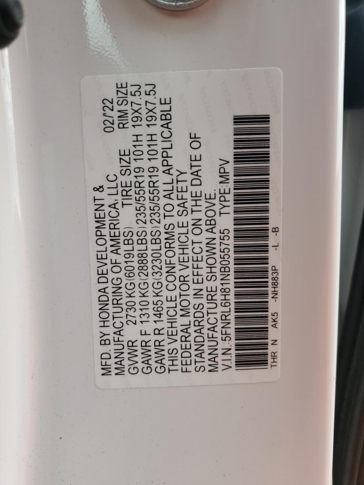 2022 HONDA ODYSSEY TOURING VIN:5FNRL6H81NB055755