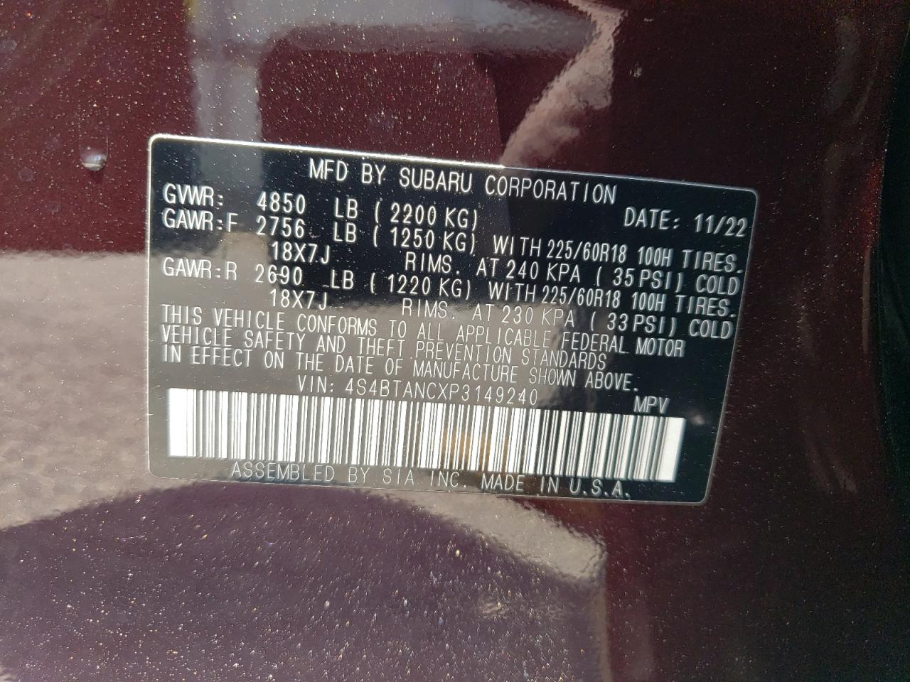 2023 SUBARU OUTBACK LIMITED VIN:4S4BTANCXP3149240