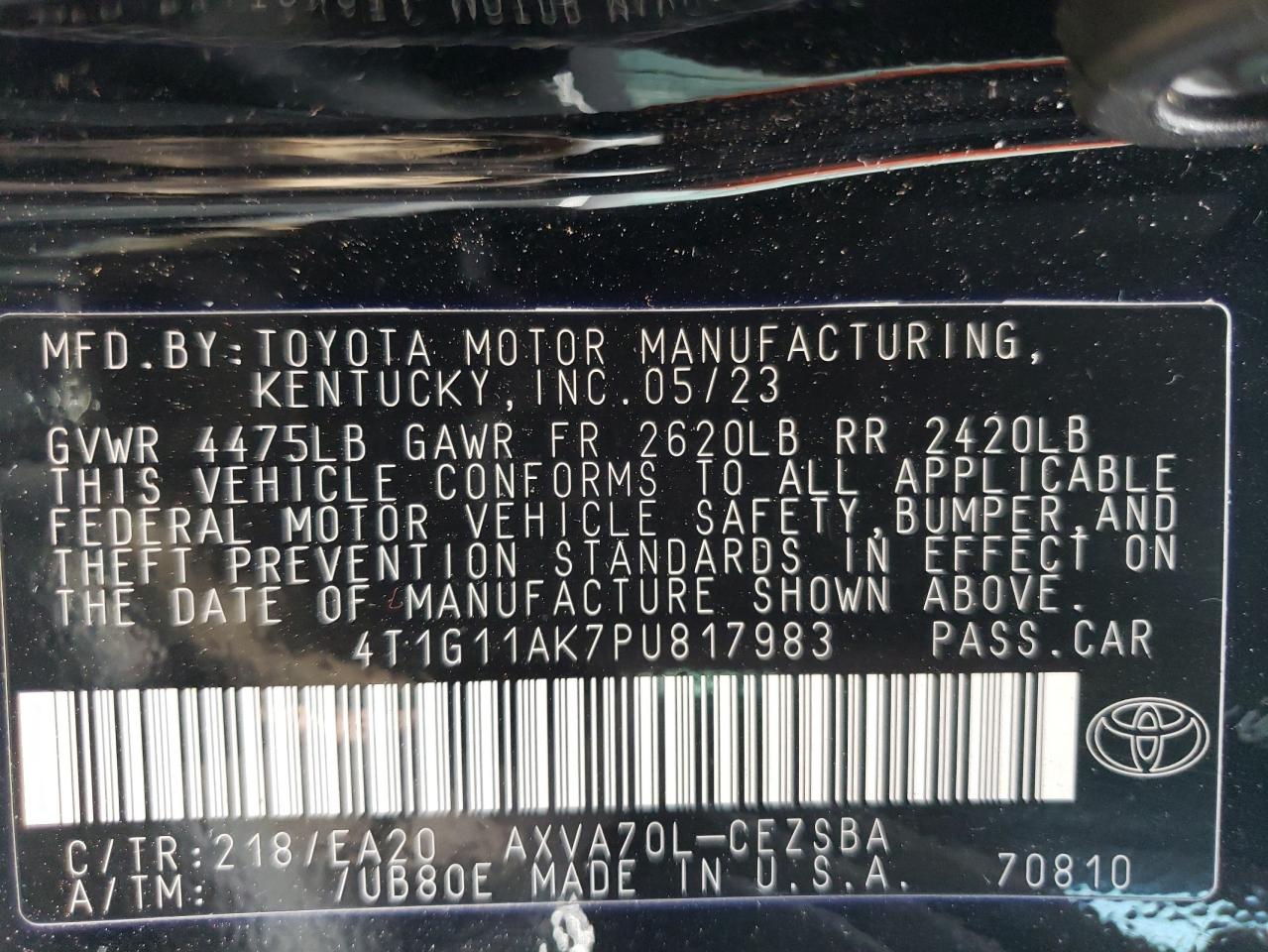 2023 TOYOTA CAMRY SE NIGHT SHADE VIN:4T1G11AK7PU817983