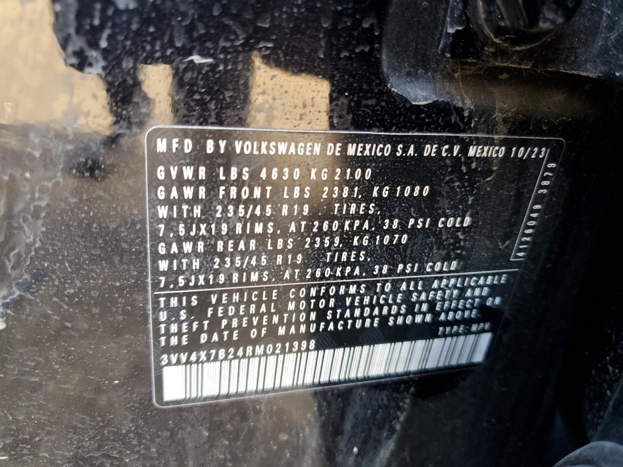 2024 VOLKSWAGEN TAOS SEL VIN:3VV4X7B24RM021398