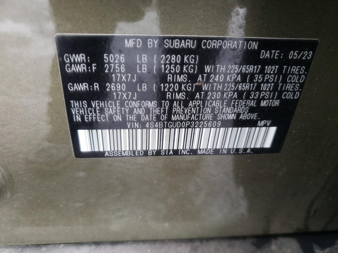 2023 SUBARU OUTBACK WILDERNESS VIN:4S4BTGUD0P3225609