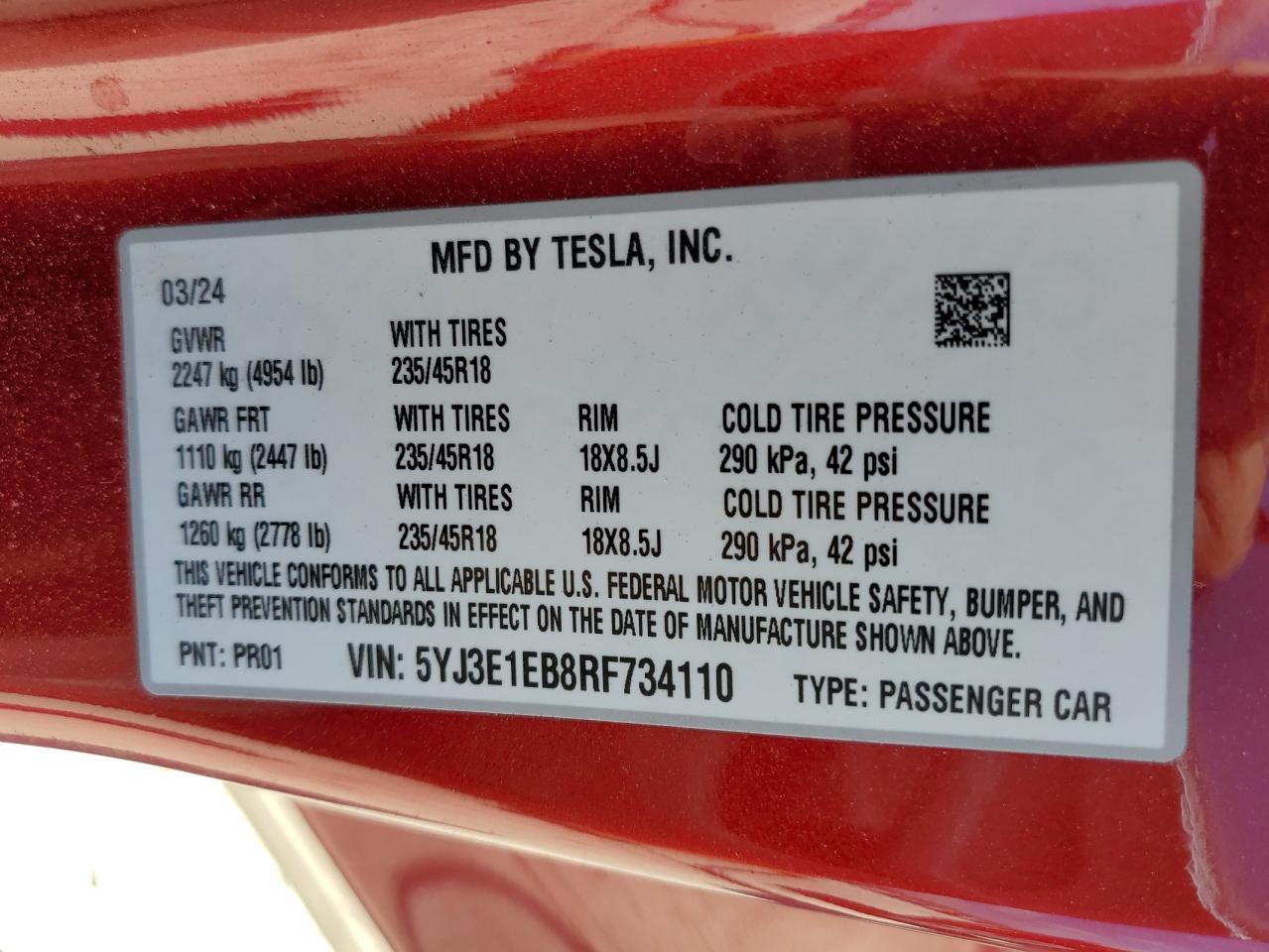2024 TESLA MODEL 3  VIN:5YJ3E1EB8RF734110