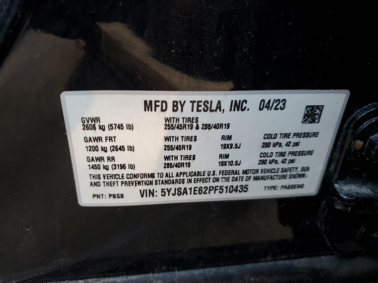2023 TESLA MODEL S  VIN:5YJSA1E62PF510435