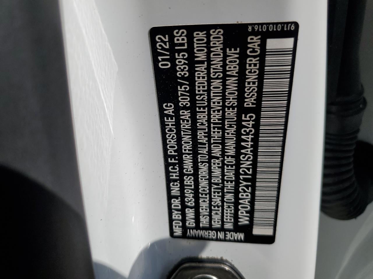 2022 PORSCHE TAYCAN 4S VIN:WP0AB2Y12NSA44345