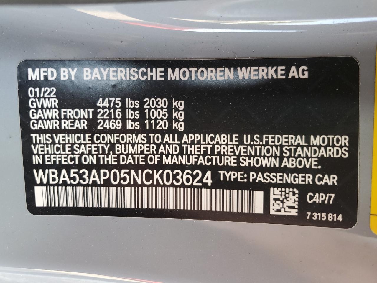 2022 BMW 430I  VIN:WBA53AP05NCK03624