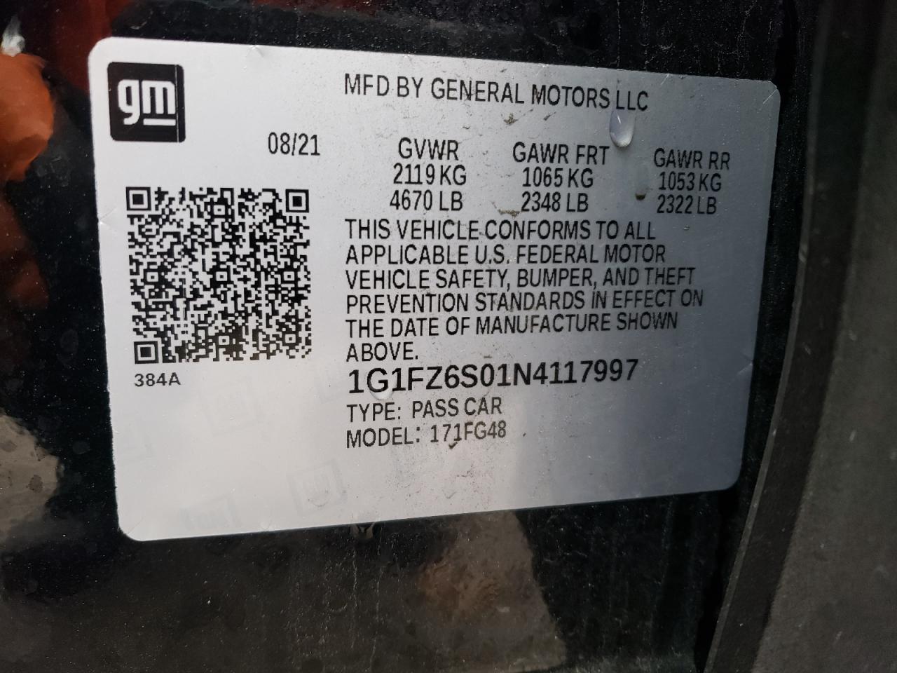 2022 CHEVROLET BOLT EUV PREMIER VIN:1G1FZ6S01N4117997