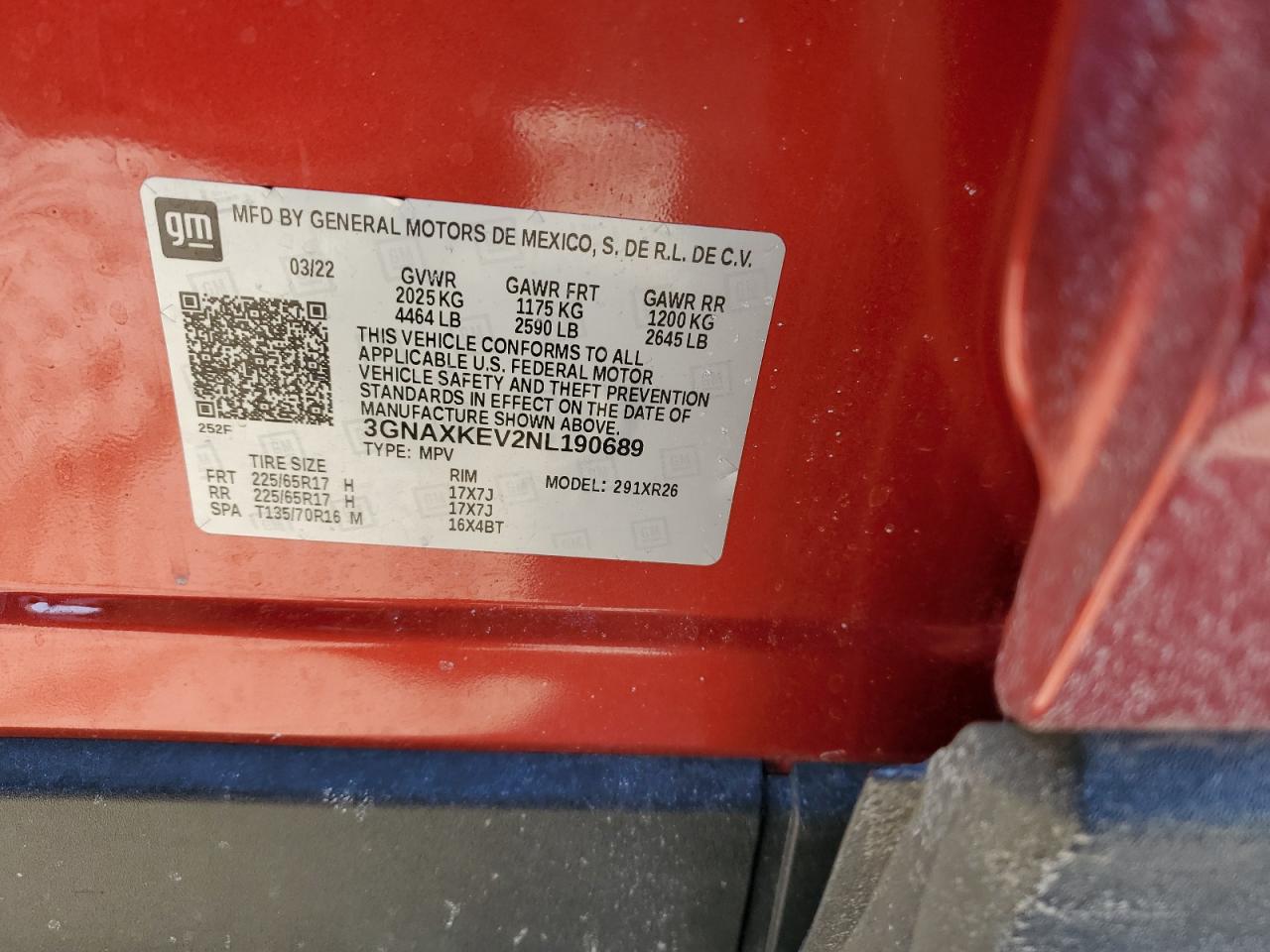 2022 CHEVROLET EQUINOX LT VIN:3GNAXKEV2NL190689