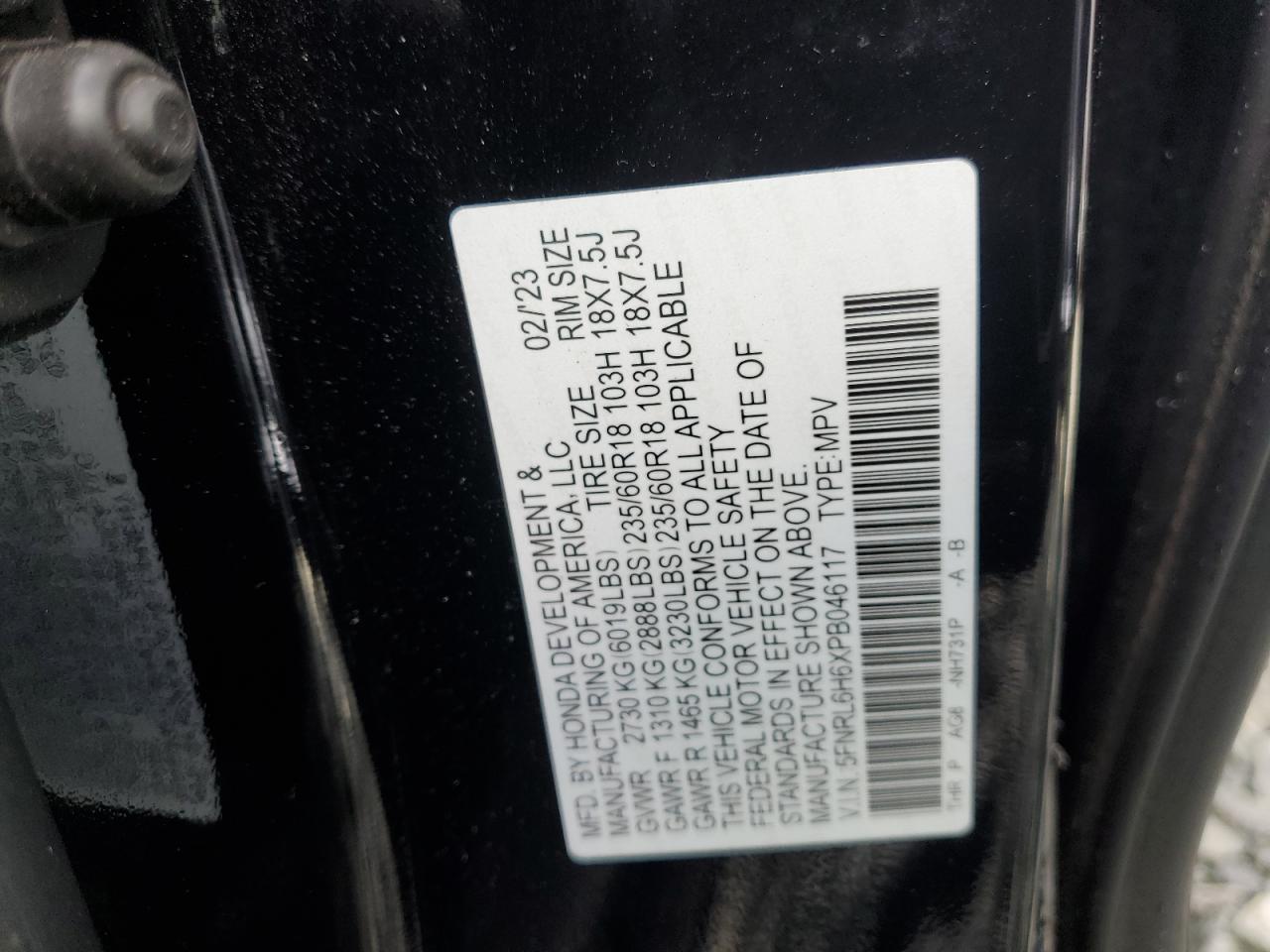 2023 HONDA ODYSSEY EXL VIN:5FNRL6H6XPB046117