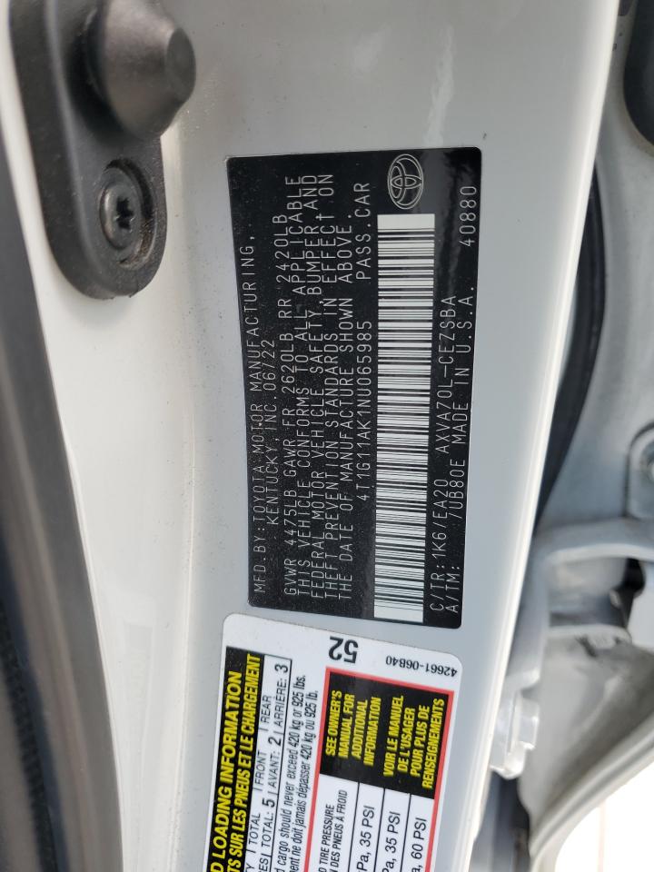 2022 TOYOTA CAMRY SE VIN:4T1G11AK1NU065985