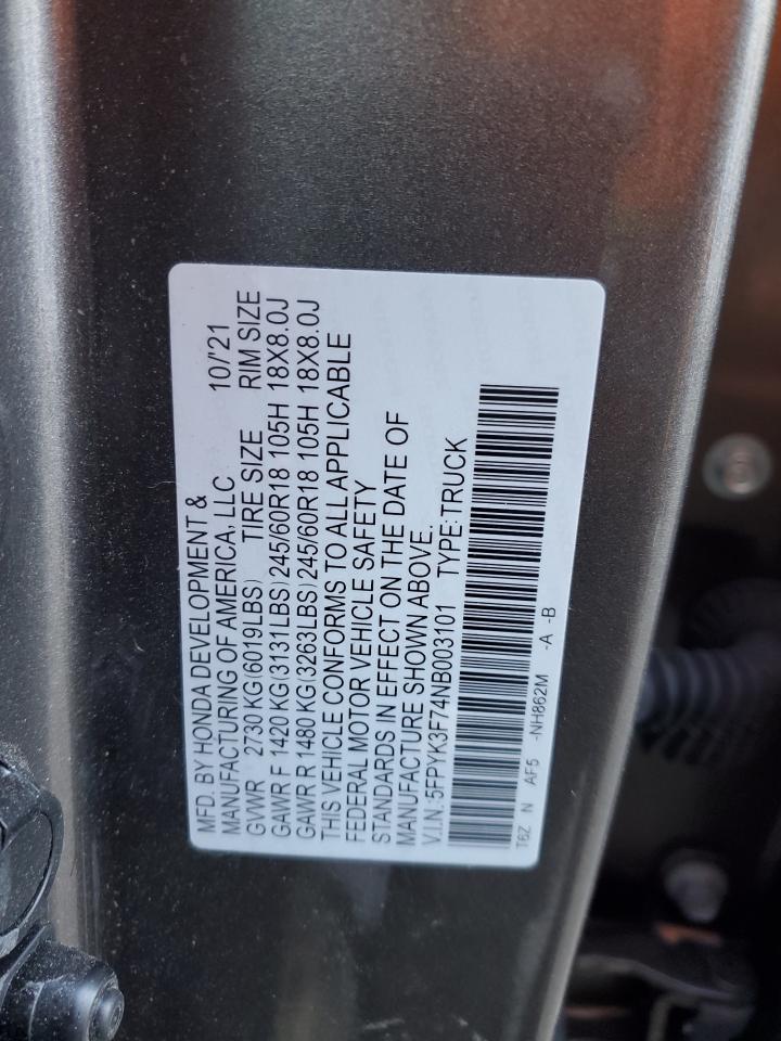 2022 HONDA RIDGELINE RTL VIN:5FPYK3F74NB003101