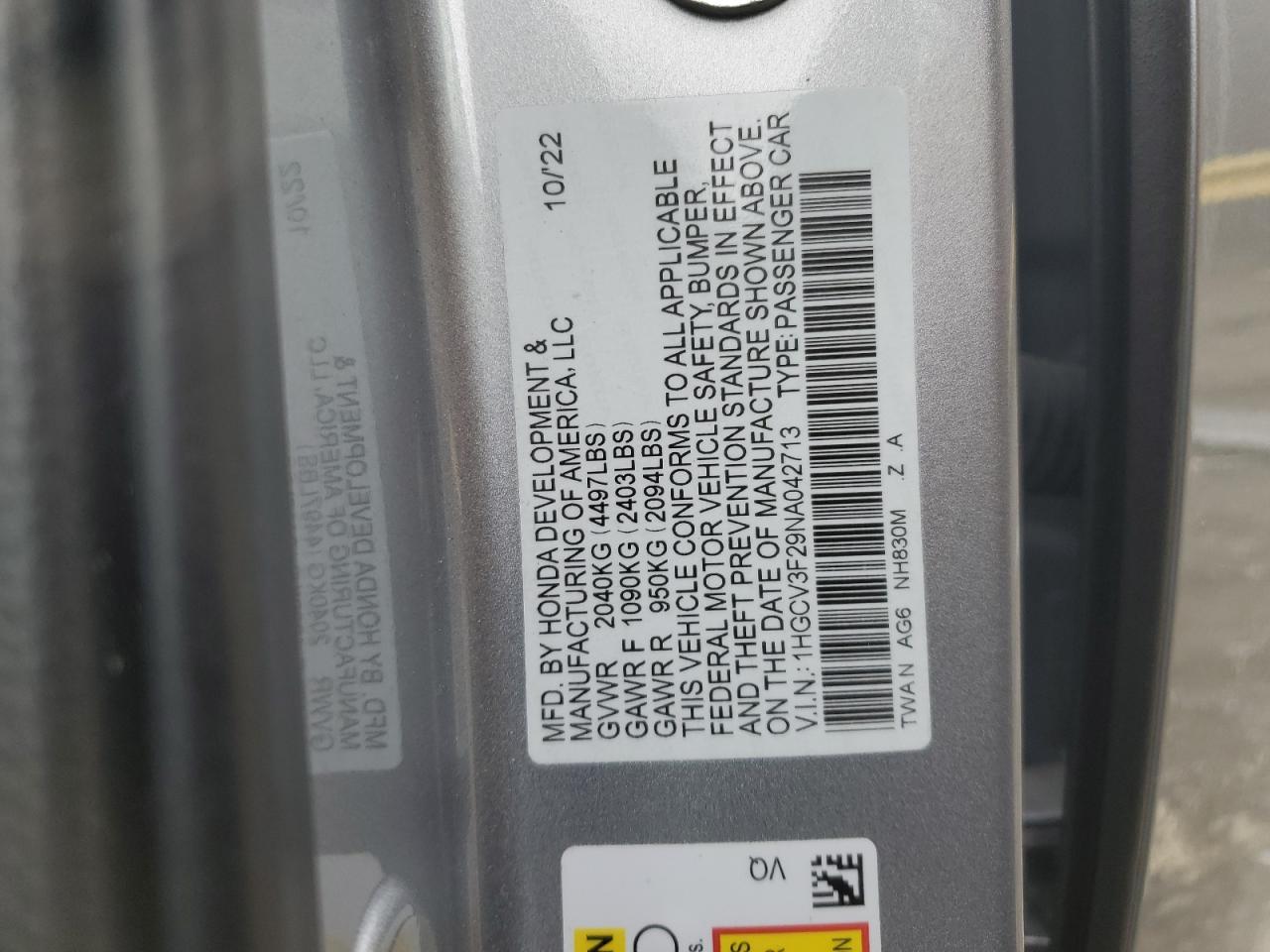 2022 HONDA ACCORD HYBRID SPORT VIN:1HGCV3F29NA042713