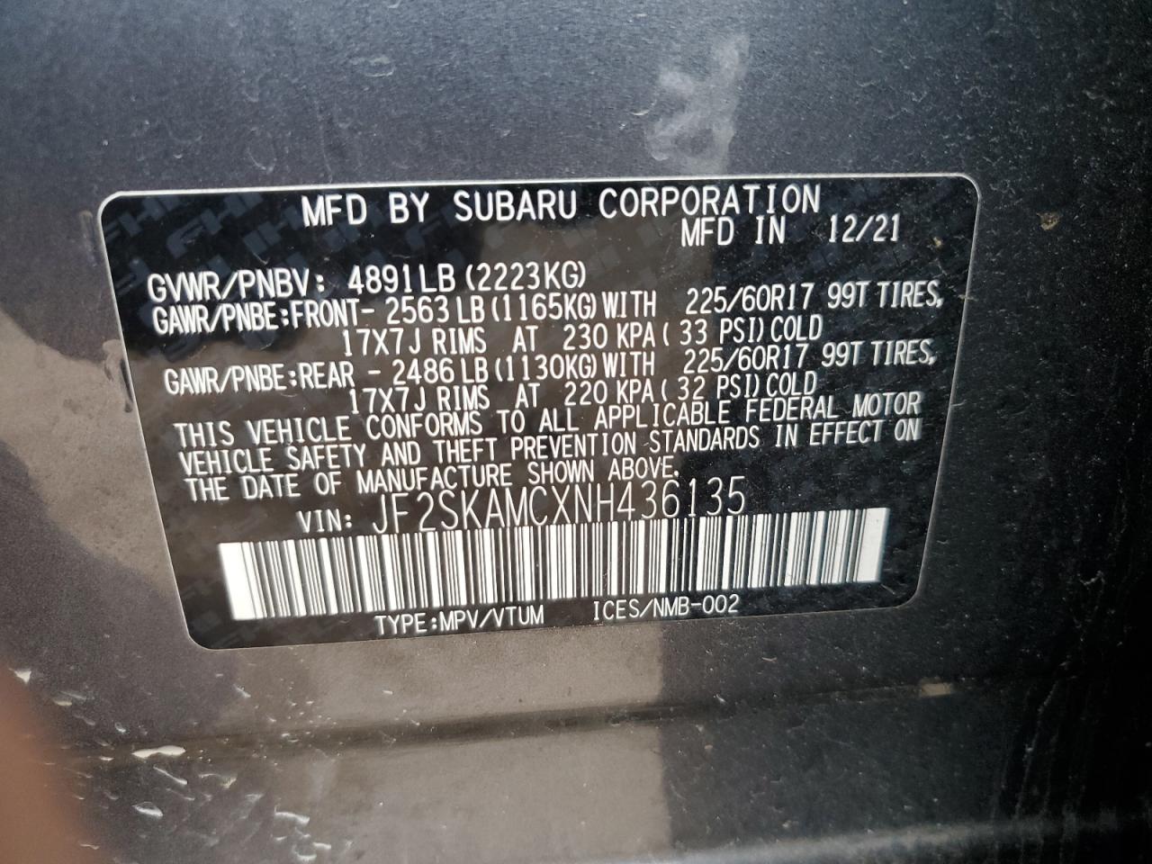 2022 SUBARU FORESTER WILDERNESS VIN:JF2SKAMCXNH436135