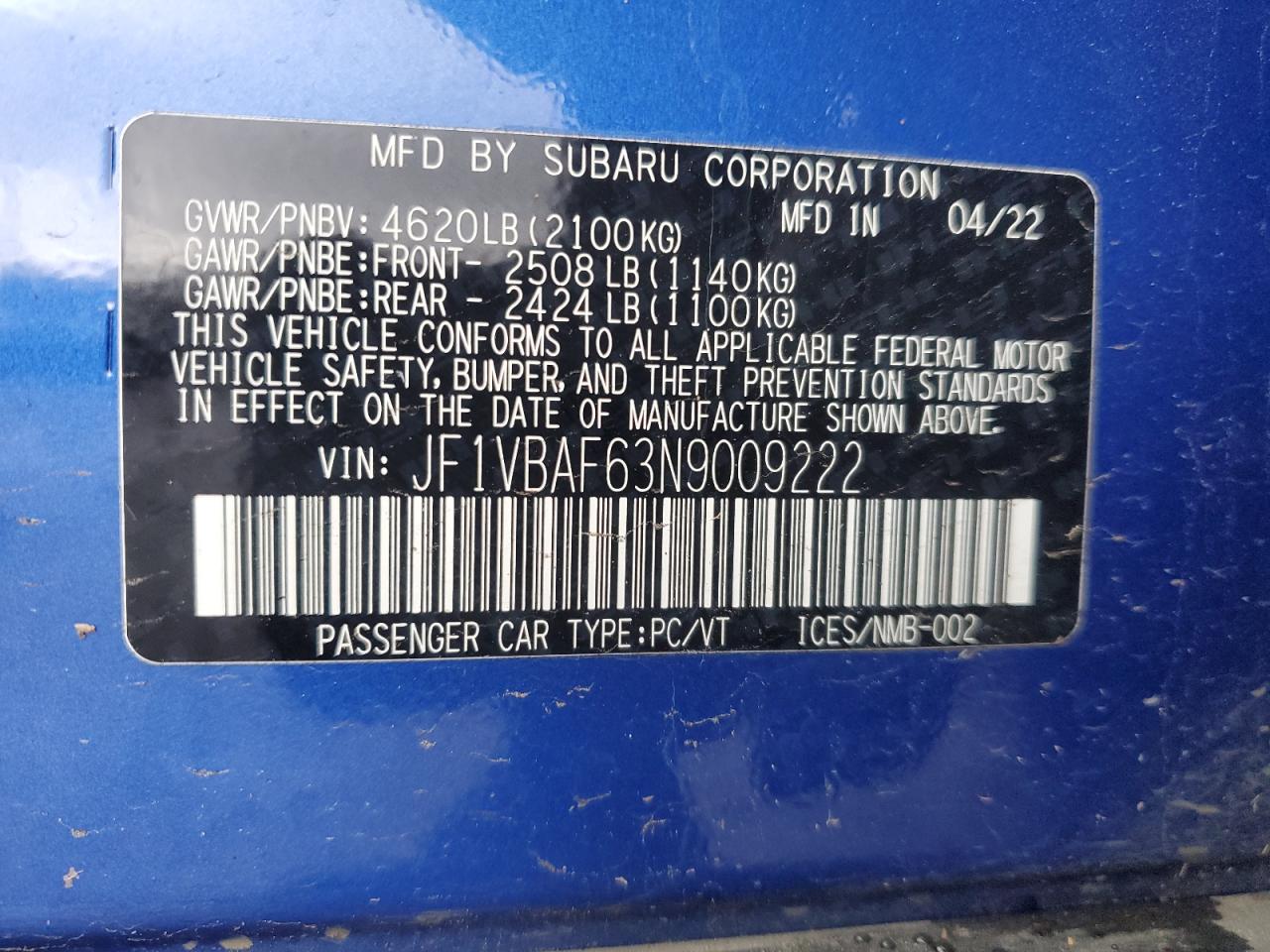 2022 SUBARU WRX PREMIUM VIN:JF1VBAF63N9009222