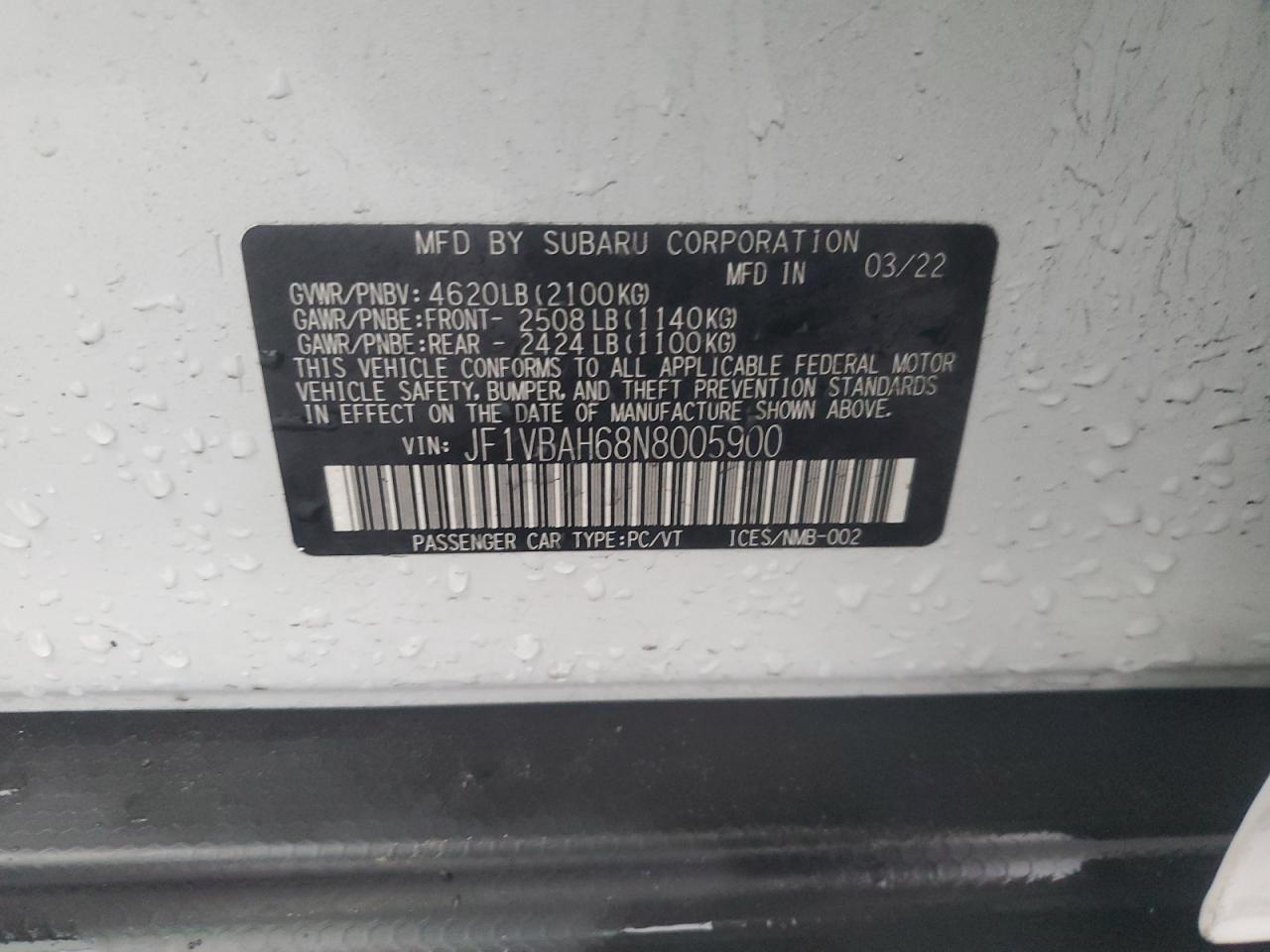 2022 SUBARU WRX PREMIUM VIN:JF1VBAH68N8005900