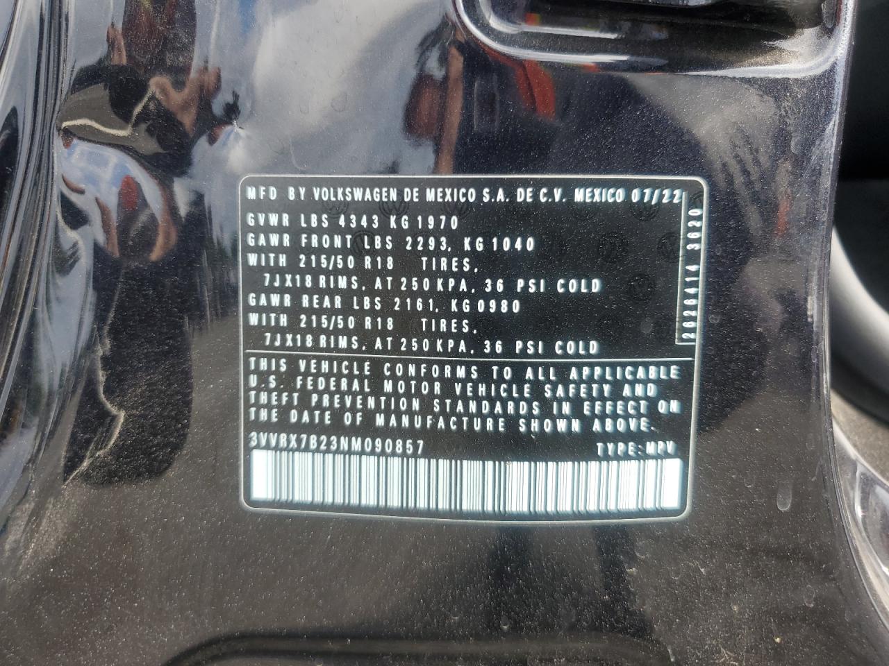 2022 VOLKSWAGEN TAOS SE VIN:3VVRX7B23NM090857
