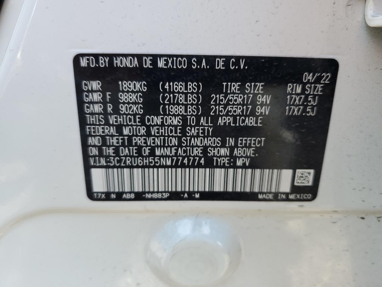 2022 HONDA HR-V EX VIN:3CZRU6H55NM774774