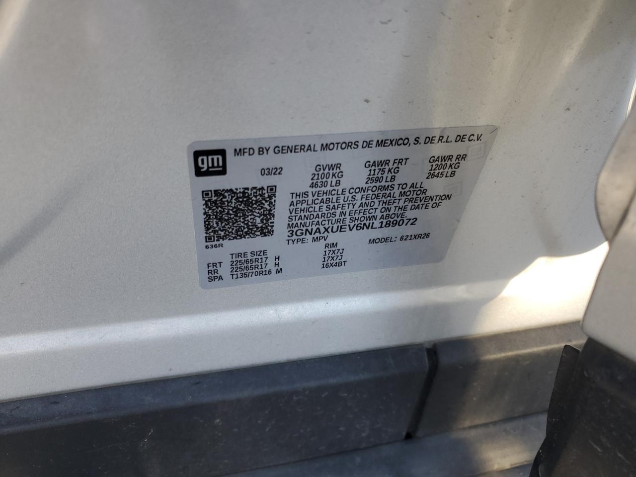 2022 CHEVROLET EQUINOX LT VIN:3GNAXUEV6NL189072